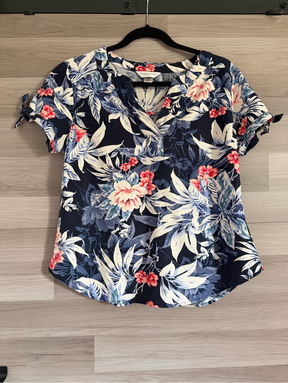 Christopher & Banks Petite Floral Linen Blend Tie Sleeve Top P/M